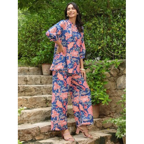 Om Sai Latest Creation Co Ord Set For Women | Summer Co Ord Set For Women | Formal Co Ord Set For Women | Printed Full Pair Set | Women Co Ord Set (Small, Blue)