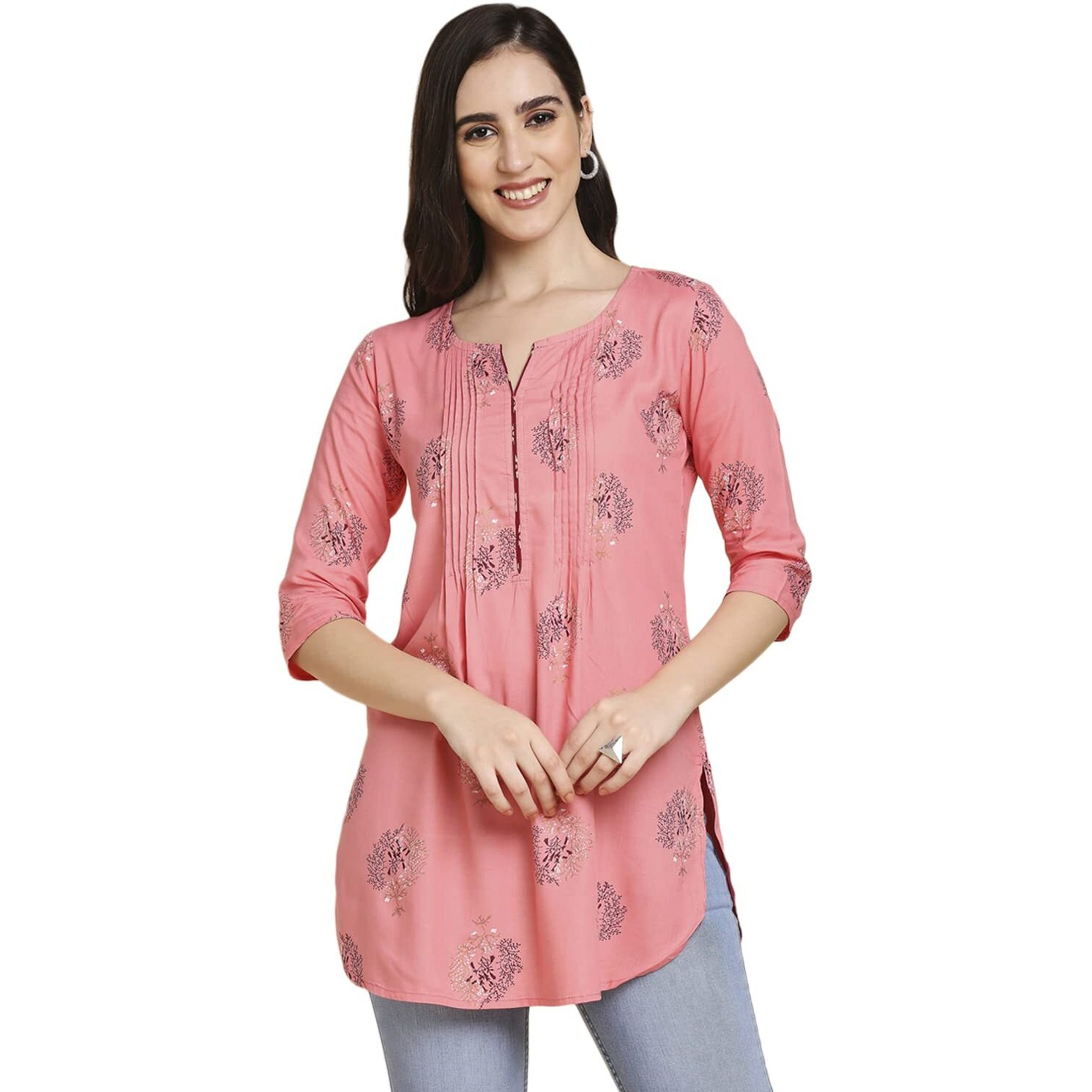 Anubhutee Pink Floral Printed Cotton Straight Short Cotton Kurti For Women