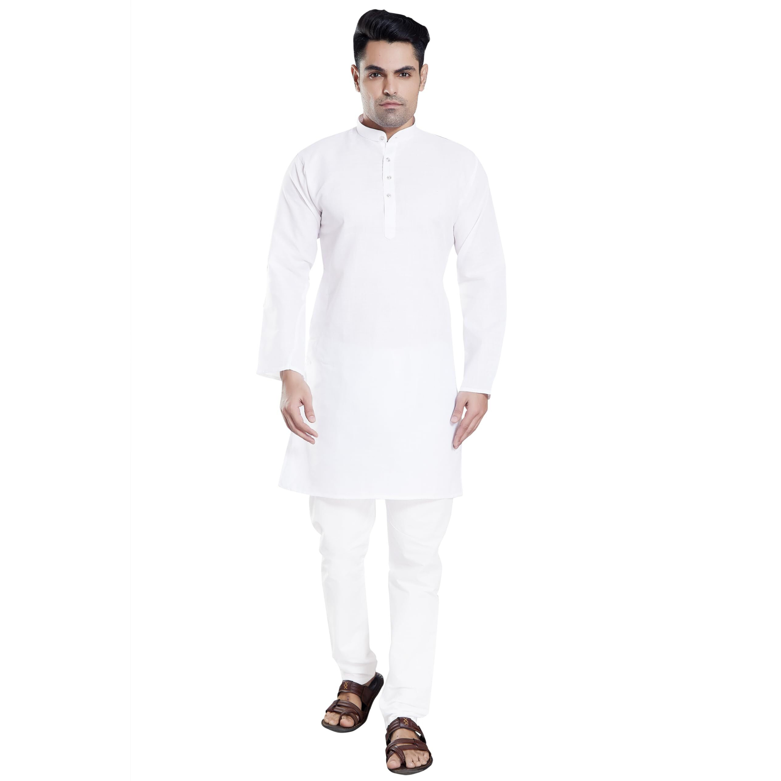 Divisive Men's Plain Cotton Blend Linen Slim Fit Kurta Pyjama Set (Dkrt70_L_White)