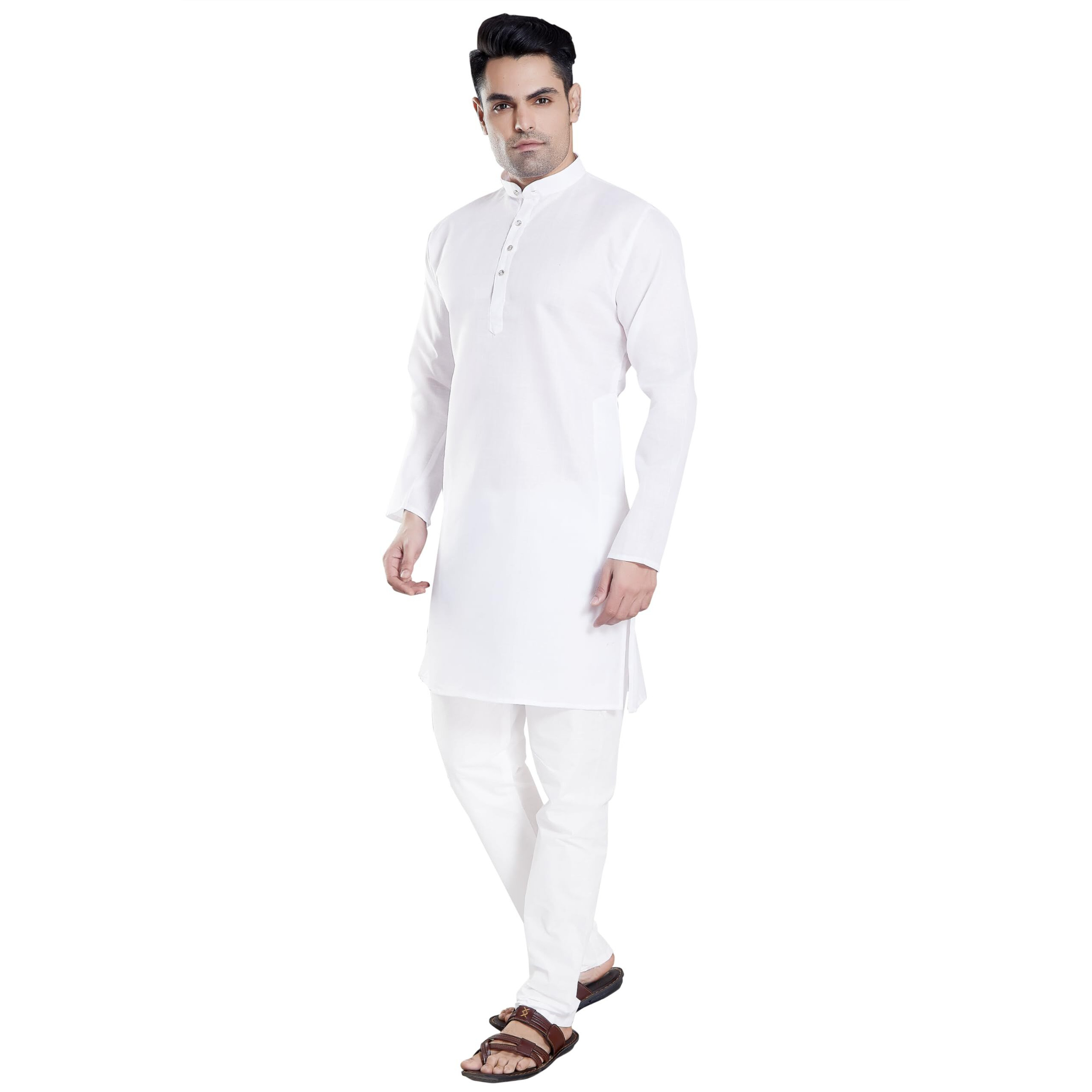 Divisive Men's Plain Cotton Blend Linen Slim Fit Kurta Pyjama Set (Dkrt70_L_White)