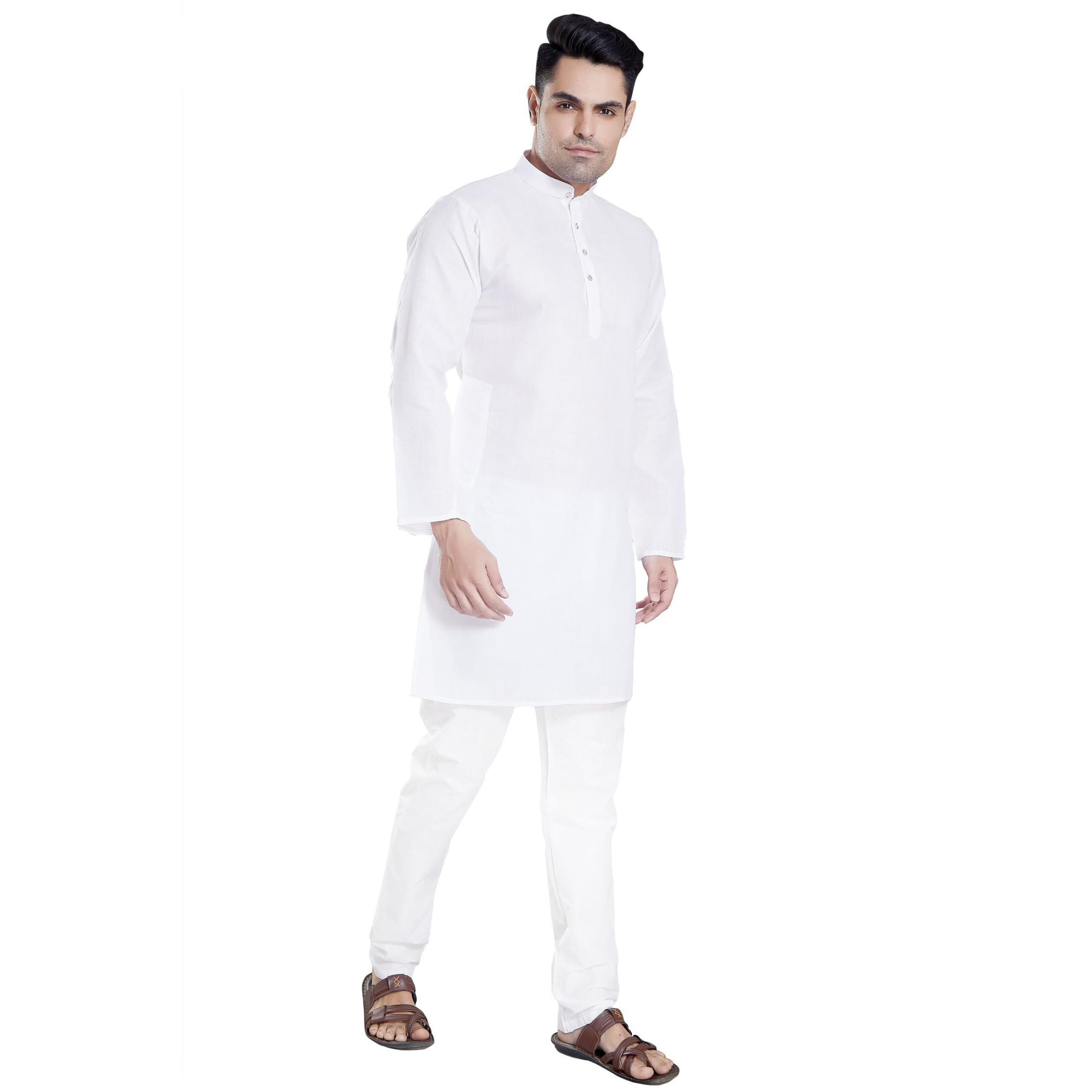 Divisive Men's Plain Cotton Blend Linen Slim Fit Kurta Pyjama Set (Dkrt70_L_White)