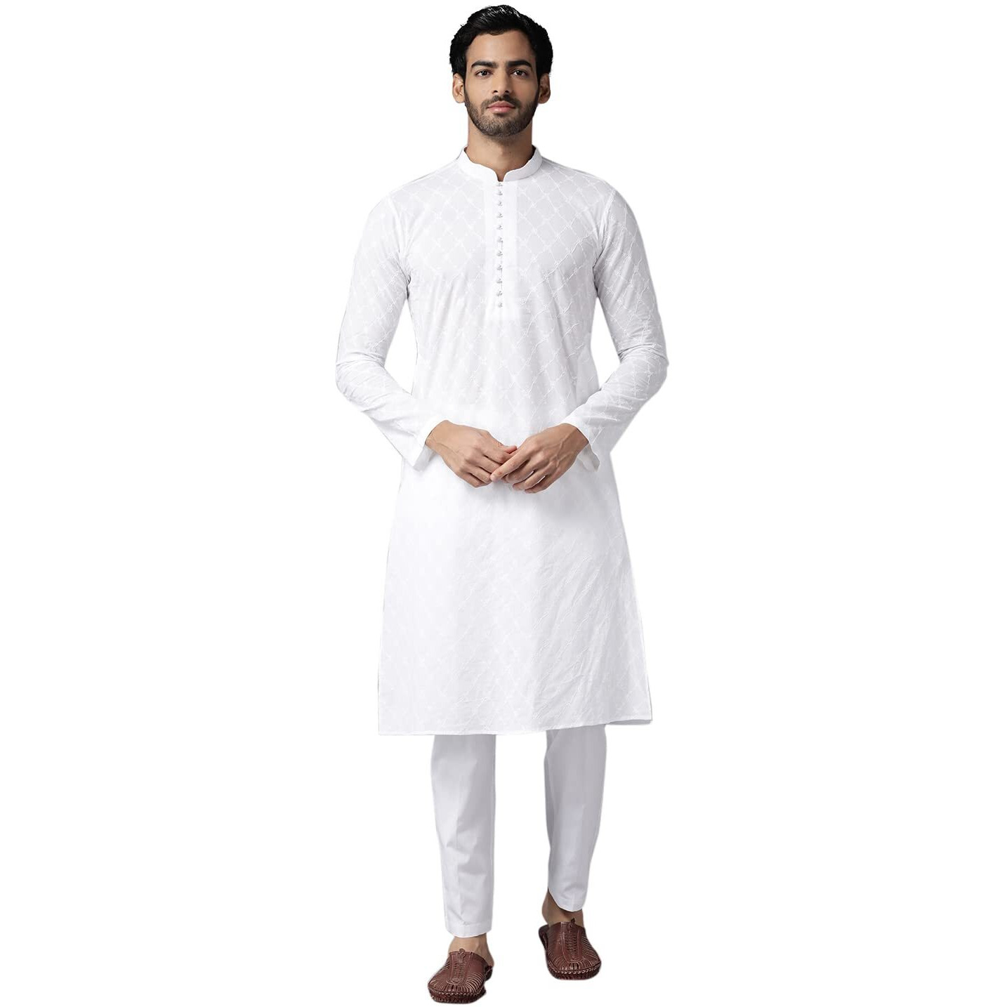 See Designs Mens Kurta | Specially Crafted And Designed For The Eid Festival White Cotton Embroidered Kurta With Pajama Set Mandarin Collar Long Sleeves Chikankari Kurta | Sdkt109201M