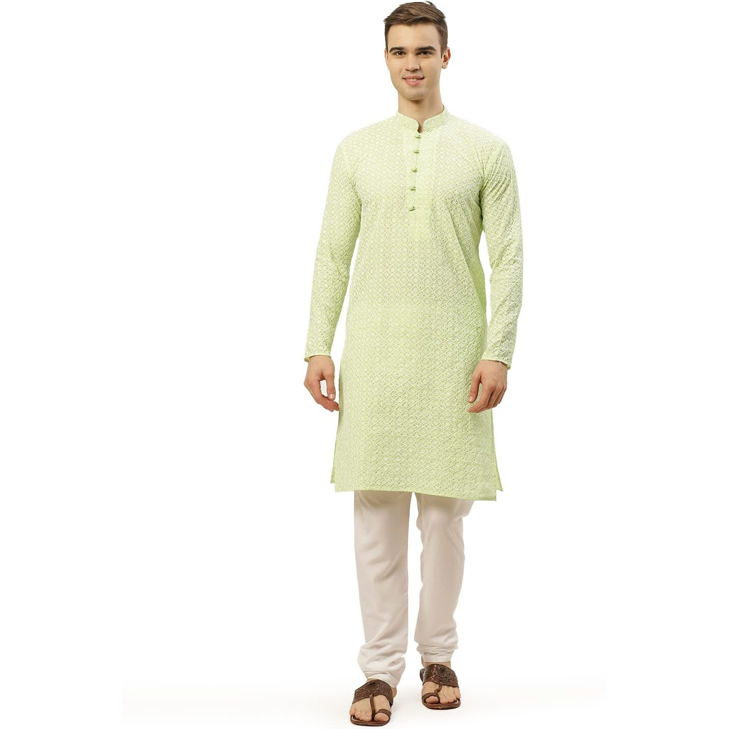 Jompers Men's Green & White Embroidered Straight Kurta Pyjama Set. (Green, L)