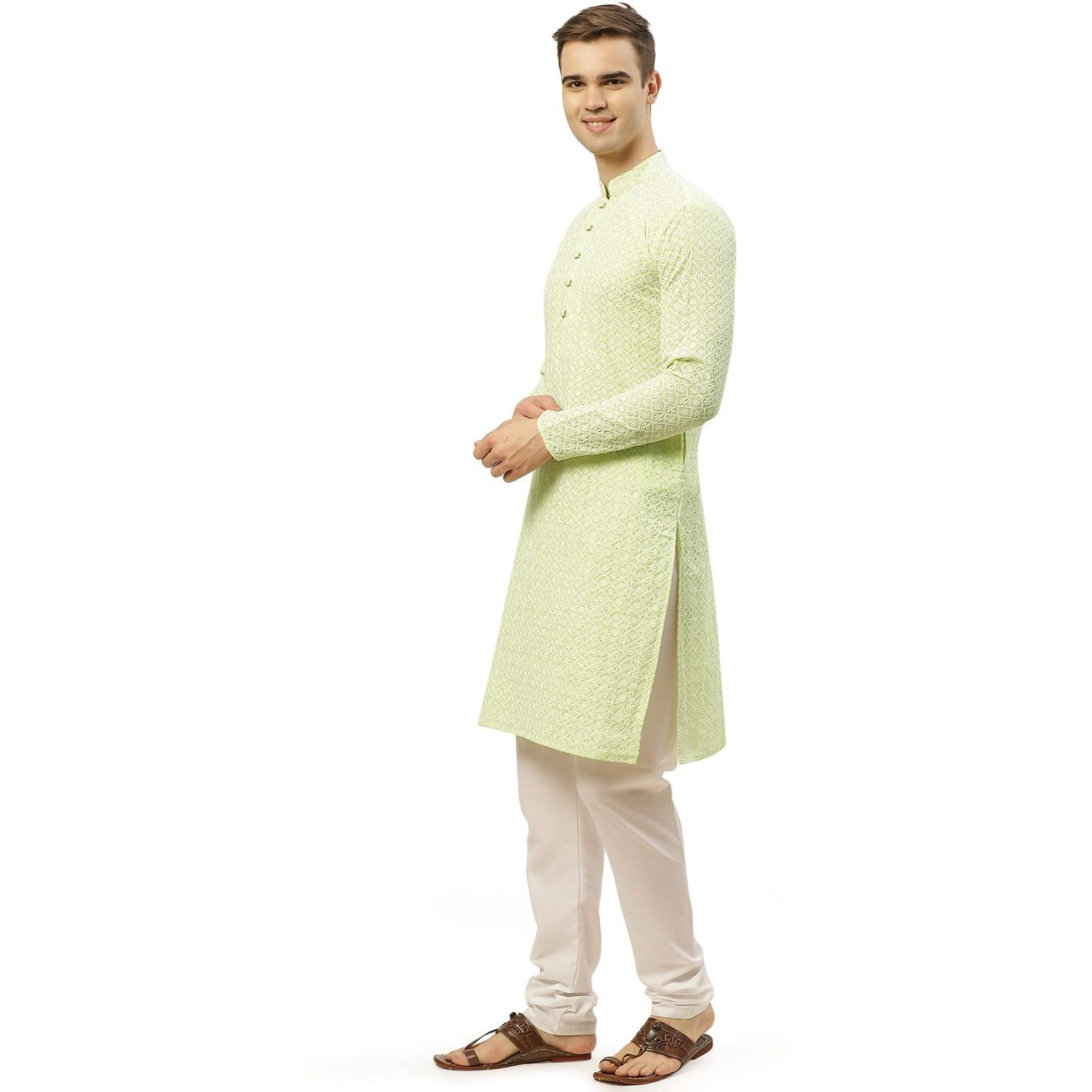 Jompers Men's Green & White Embroidered Straight Kurta Pyjama Set. (Green, L)