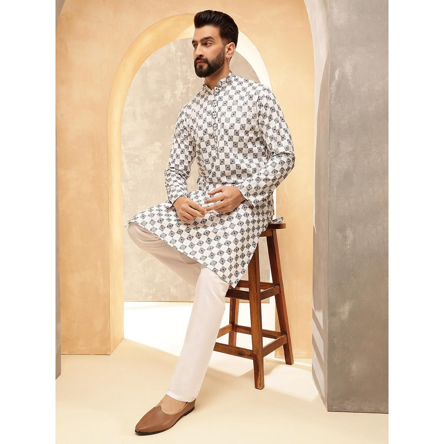 Sojanya (Since 1958 Men's Cotton Rayon Embroidered Sequinned White Kurta With White Pyjama