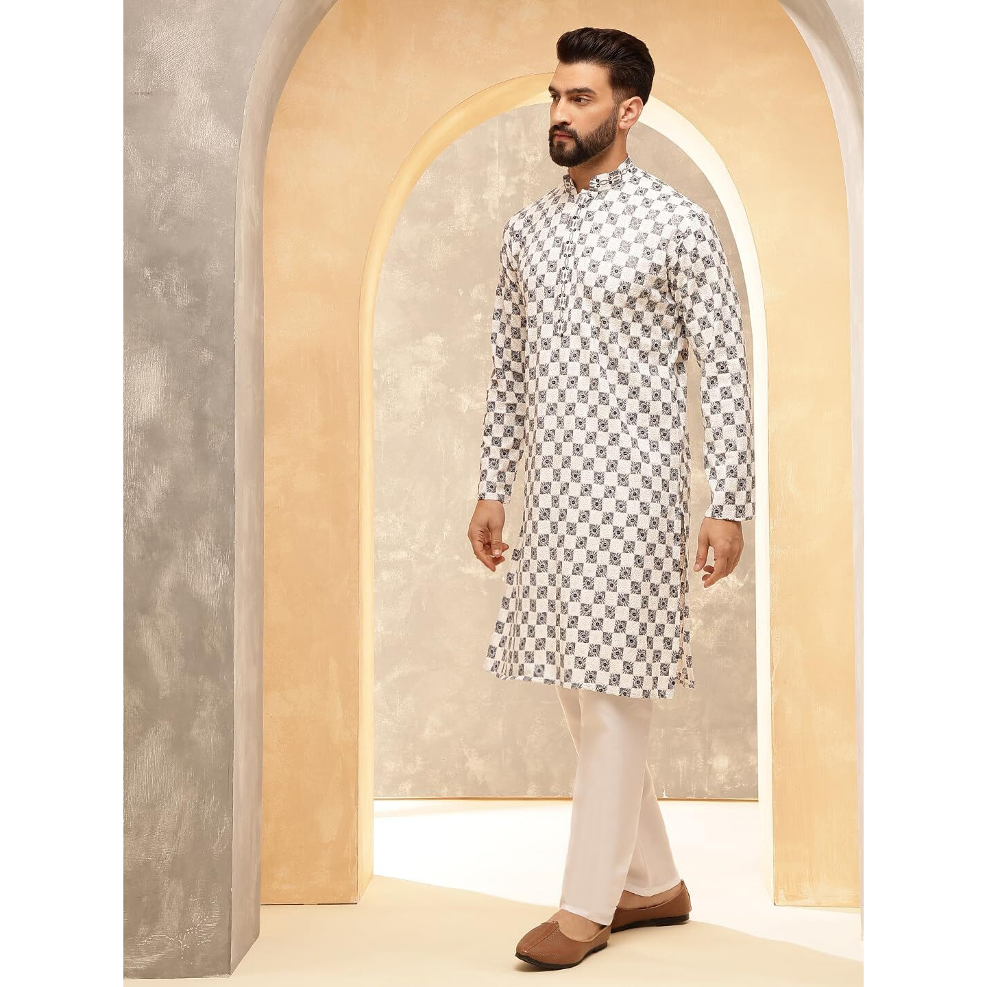 Sojanya (Since 1958 Men's Cotton Rayon Embroidered Sequinned White Kurta With White Pyjama
