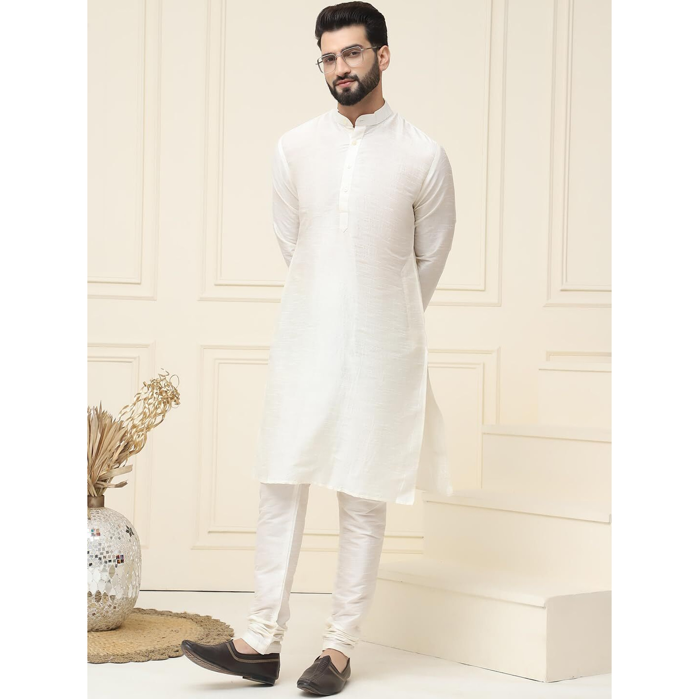 Sojanya (Since 1958 Men's Cream Dupion Silk Kurta & Churidaar Pyjama