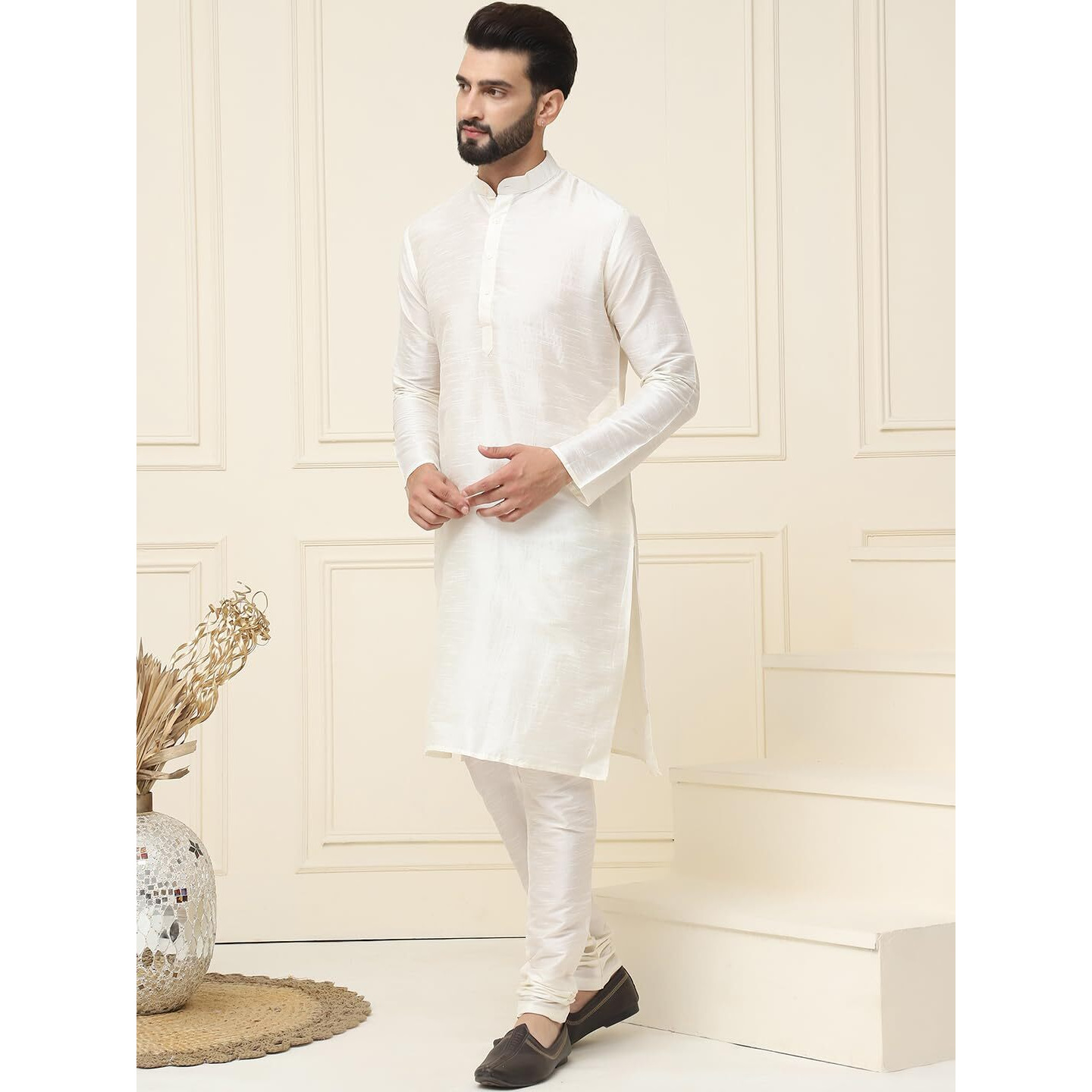 Sojanya (Since 1958 Men's Cream Dupion Silk Kurta & Churidaar Pyjama