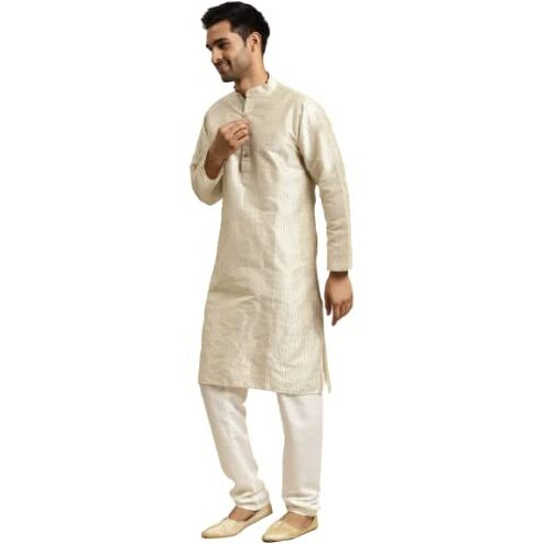Sojanya (Since 1958 Men's Silk Blend Cream Striped Kurta & Off White Churidaar Pyjama Set Size 40