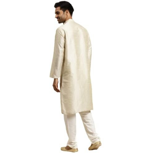 Sojanya (Since 1958 Men's Silk Blend Cream Striped Kurta & Off White Churidaar Pyjama Set Size 40