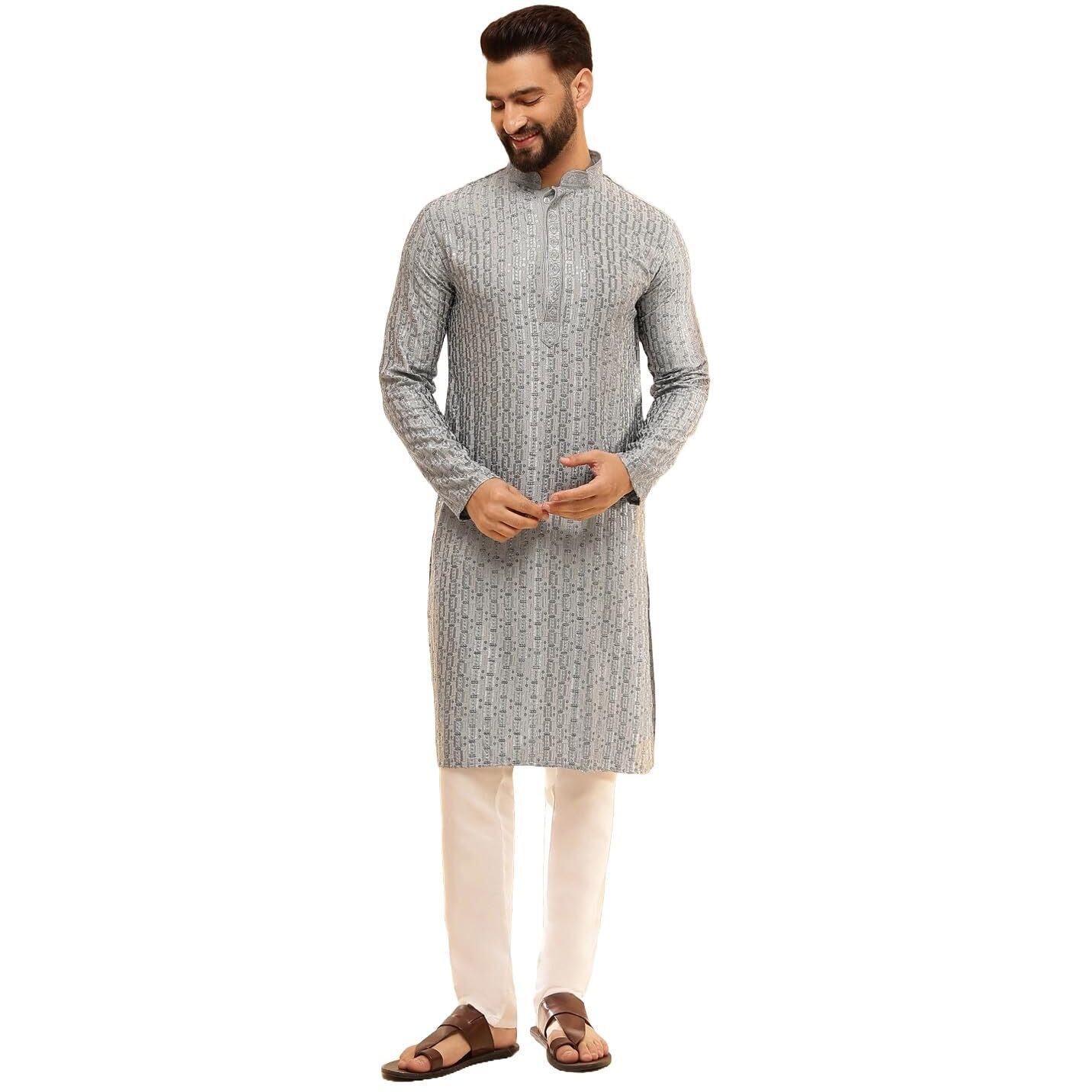 Sojanya (Since 1958 Men's Cotton Rayon Shiny Thread Sequinned Blue Kurta With White Pyjama