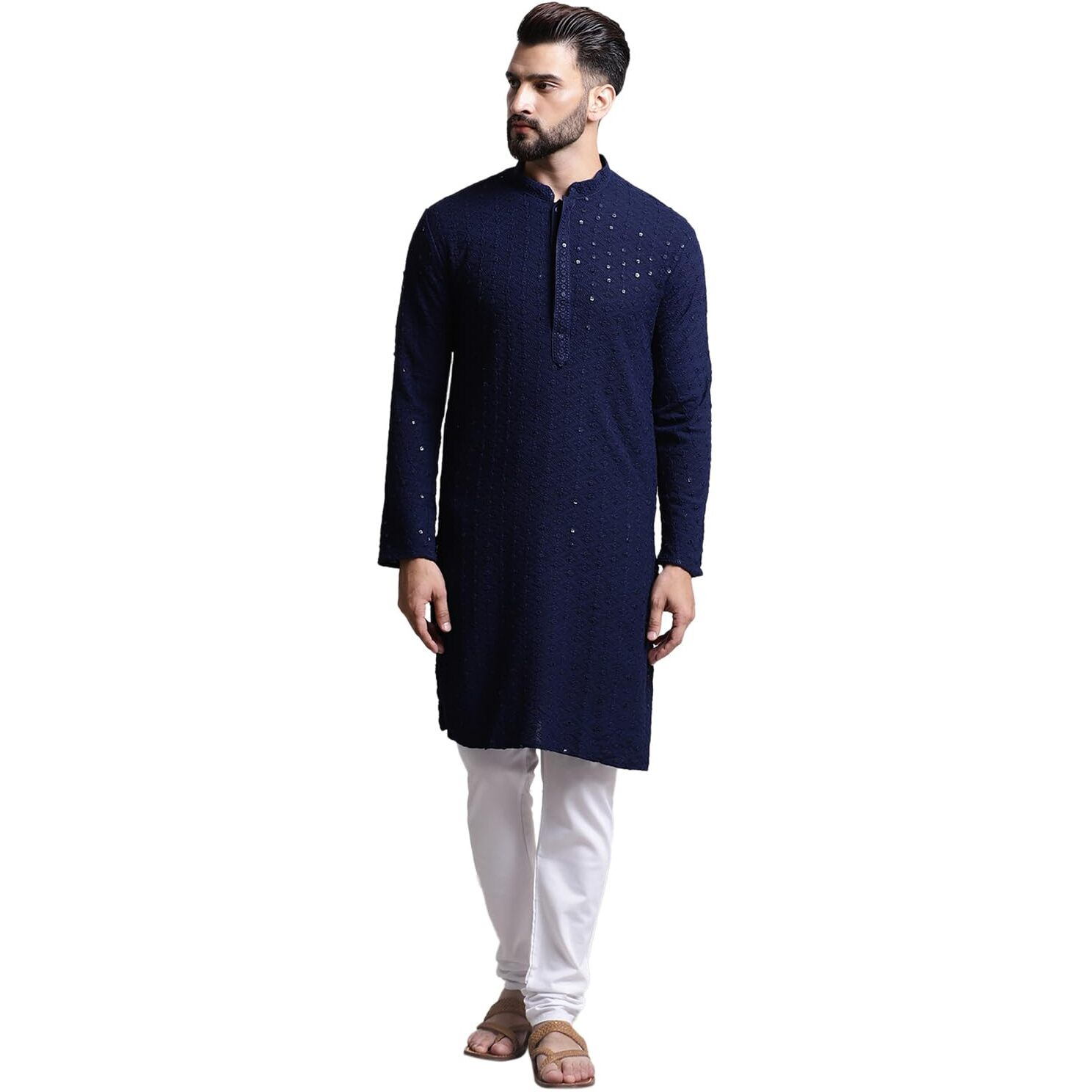 Sojanya (Since 1958 Men's Pure Cotton Navy Blue Sequence Kurta & White Pyjama Set