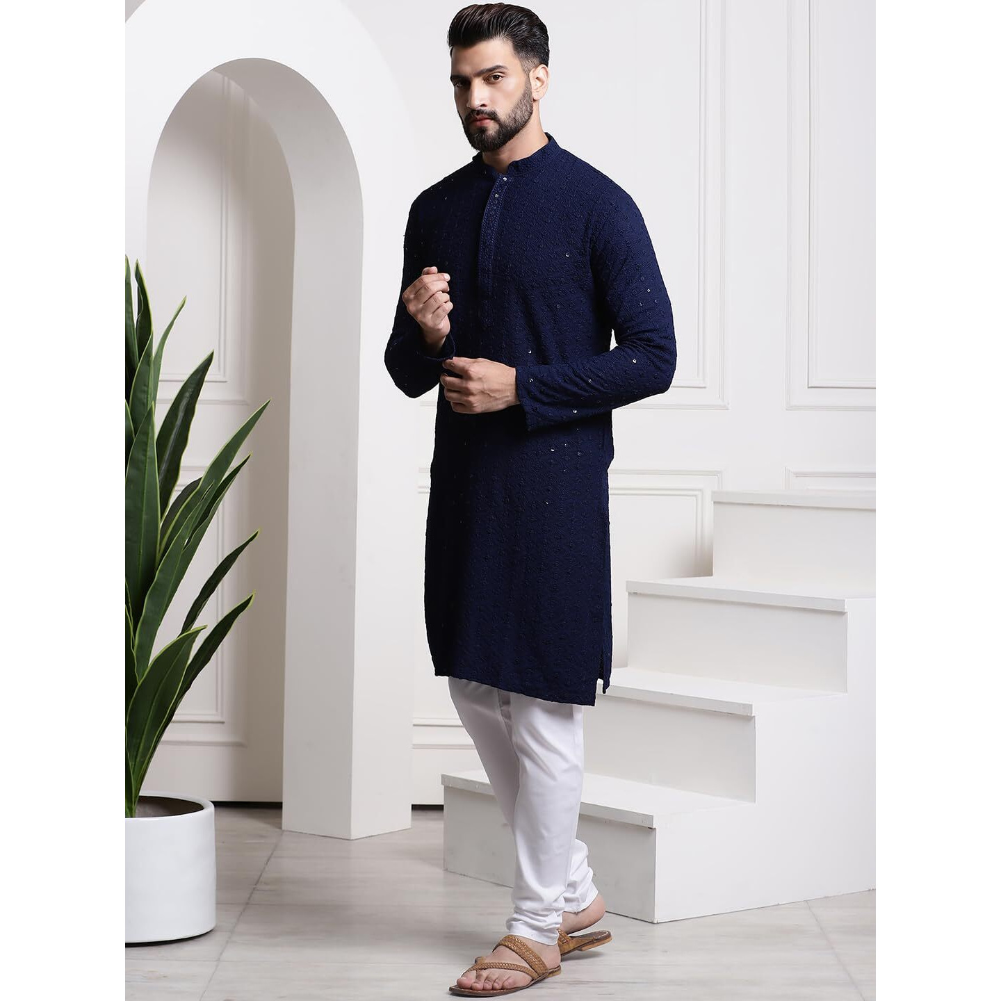 Sojanya (Since 1958 Men's Pure Cotton Navy Blue Sequence Kurta & White Pyjama Set