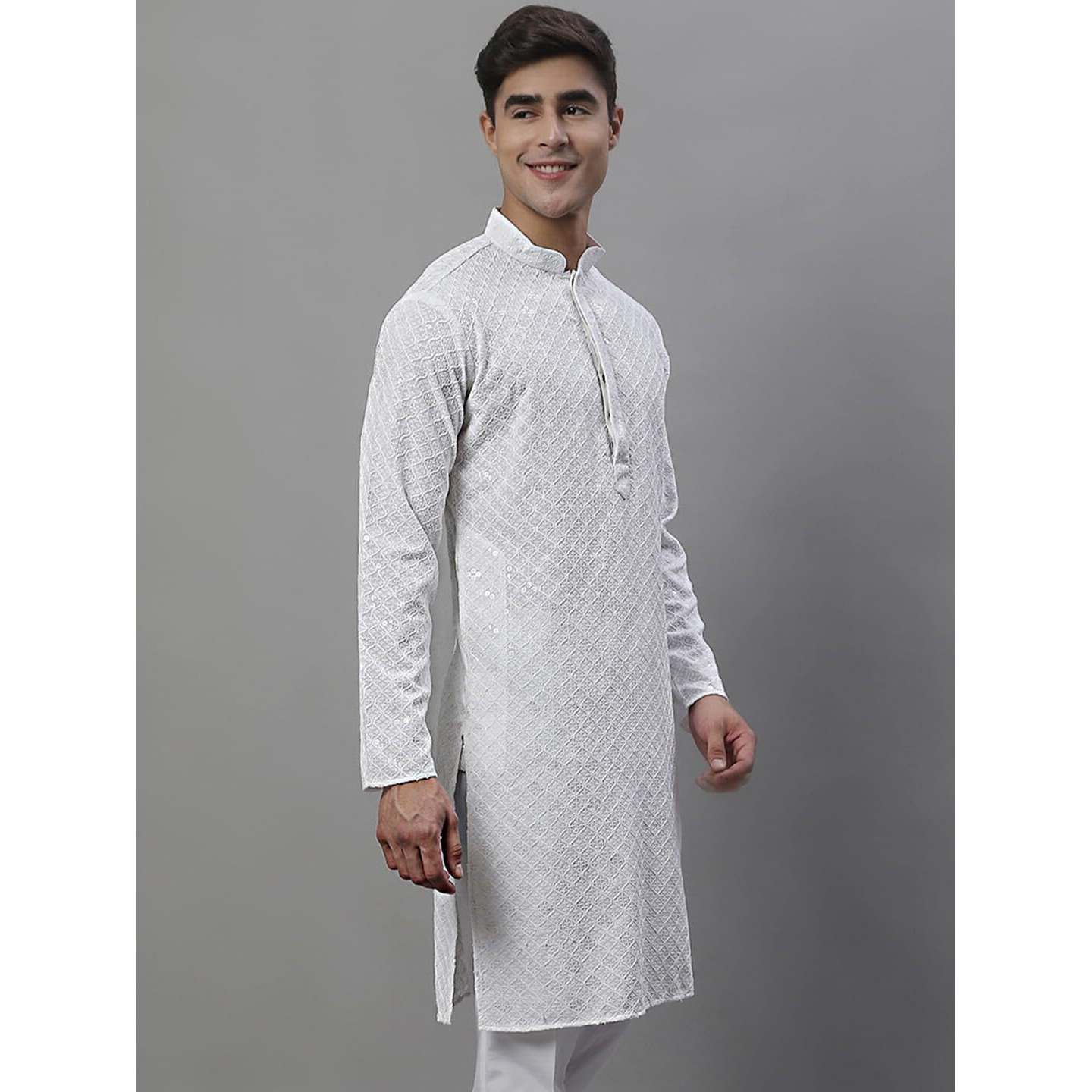 Jompers Men's Chikankari Embroidered And Sequence Kurtas Only (White, Xl)