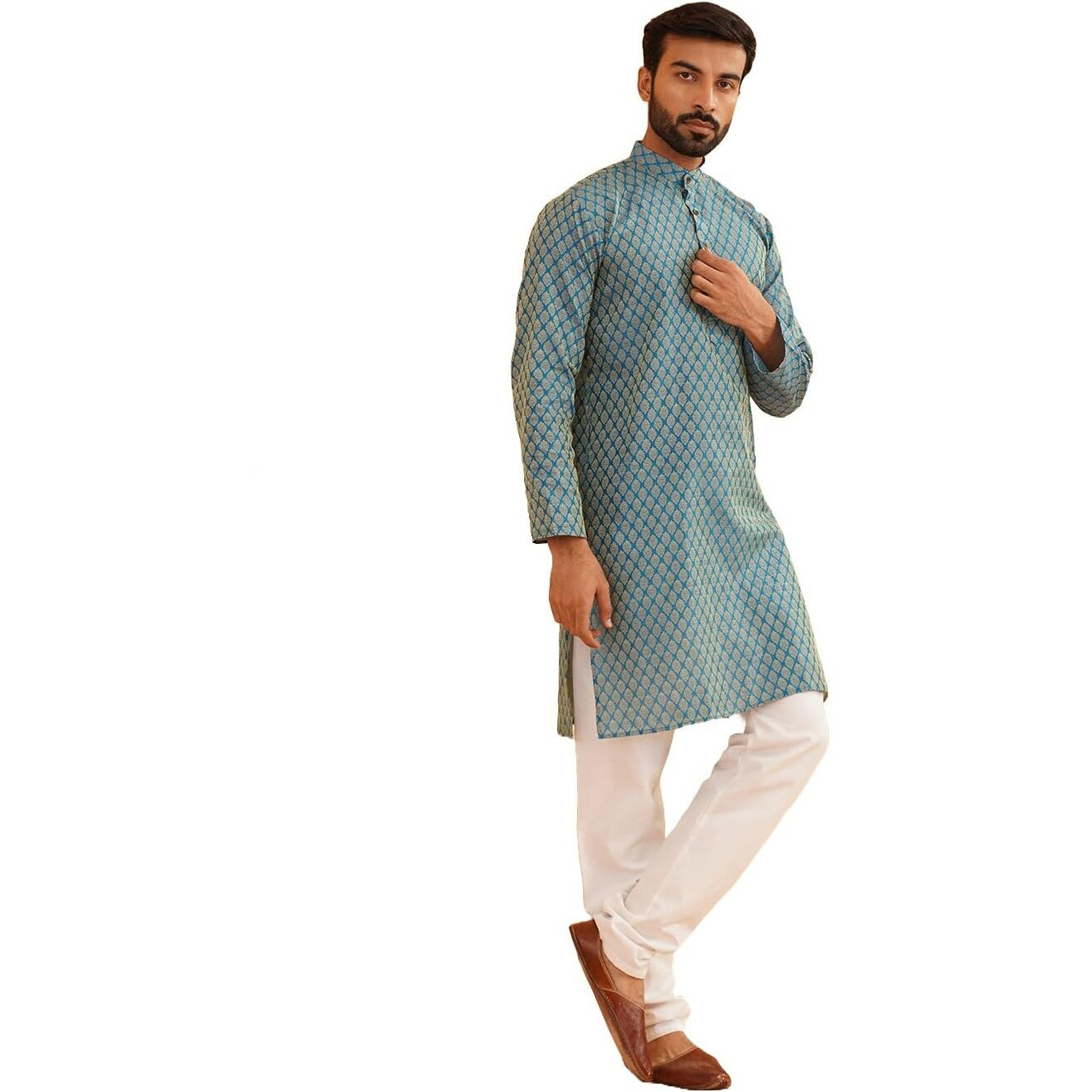 Sojanya (Since 1958 Men's Silk Blend Peacock Blue Self Design Kurta And White Churidar Pyjama Set