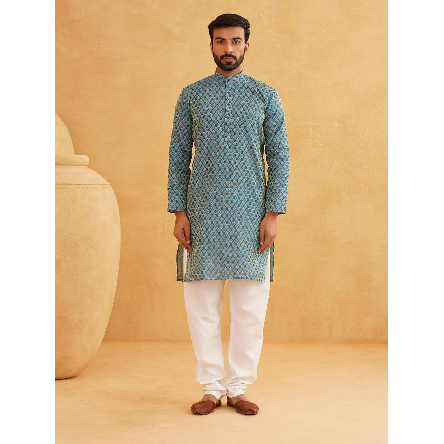 Sojanya (Since 1958 Men's Silk Blend Peacock Blue Self Design Kurta And White Churidar Pyjama Set