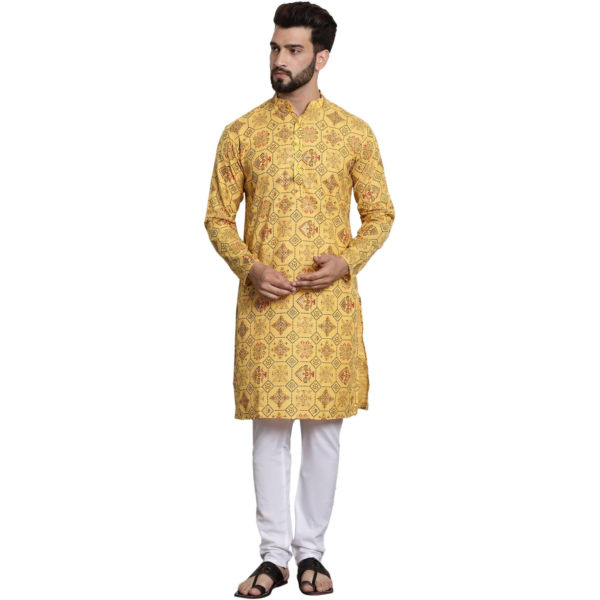 Sojanya (Since 1958 Men's Cotton Blend Yellow Kurta And White Churidar Pyjama Set