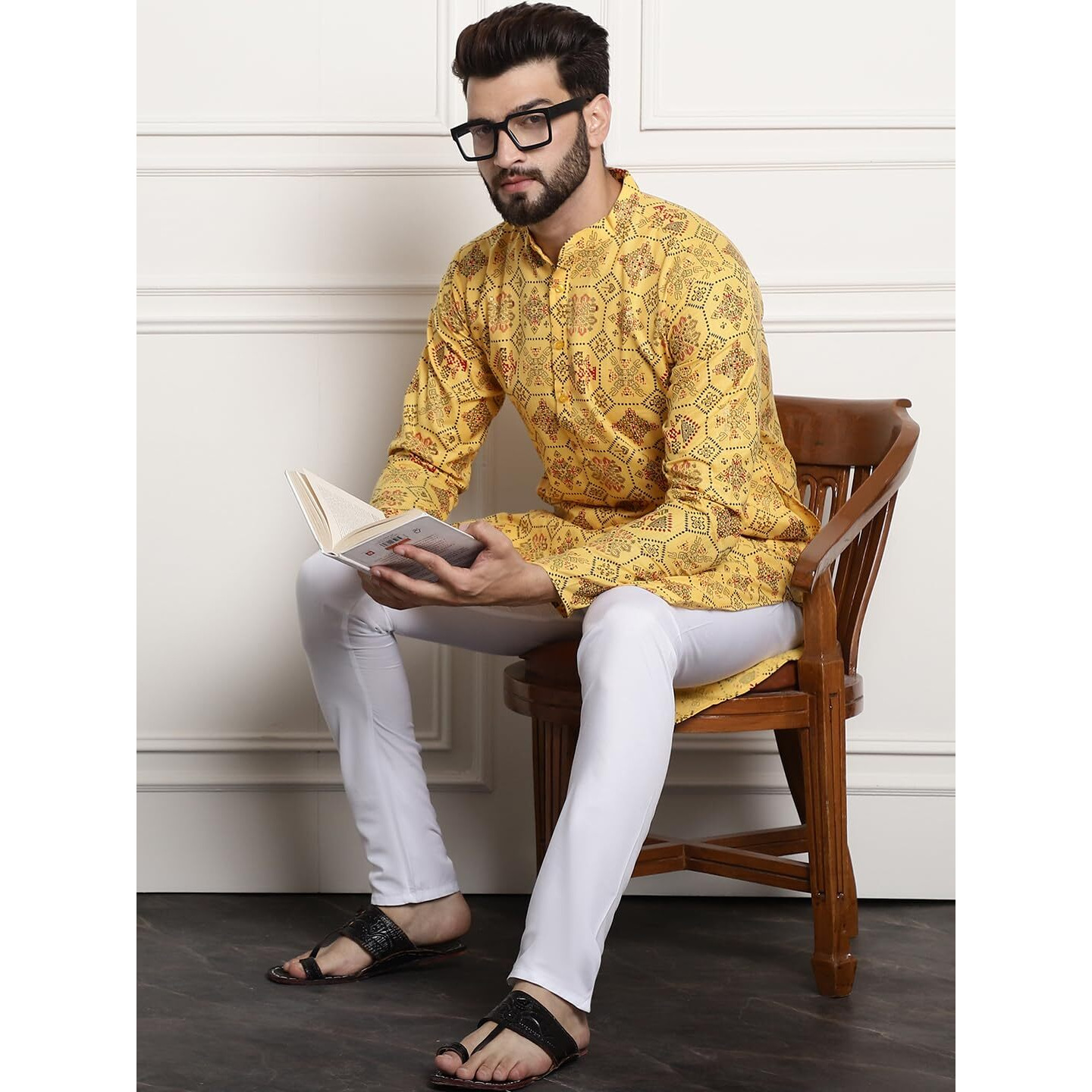 Sojanya (Since 1958 Men's Cotton Blend Yellow Kurta And White Churidar Pyjama Set