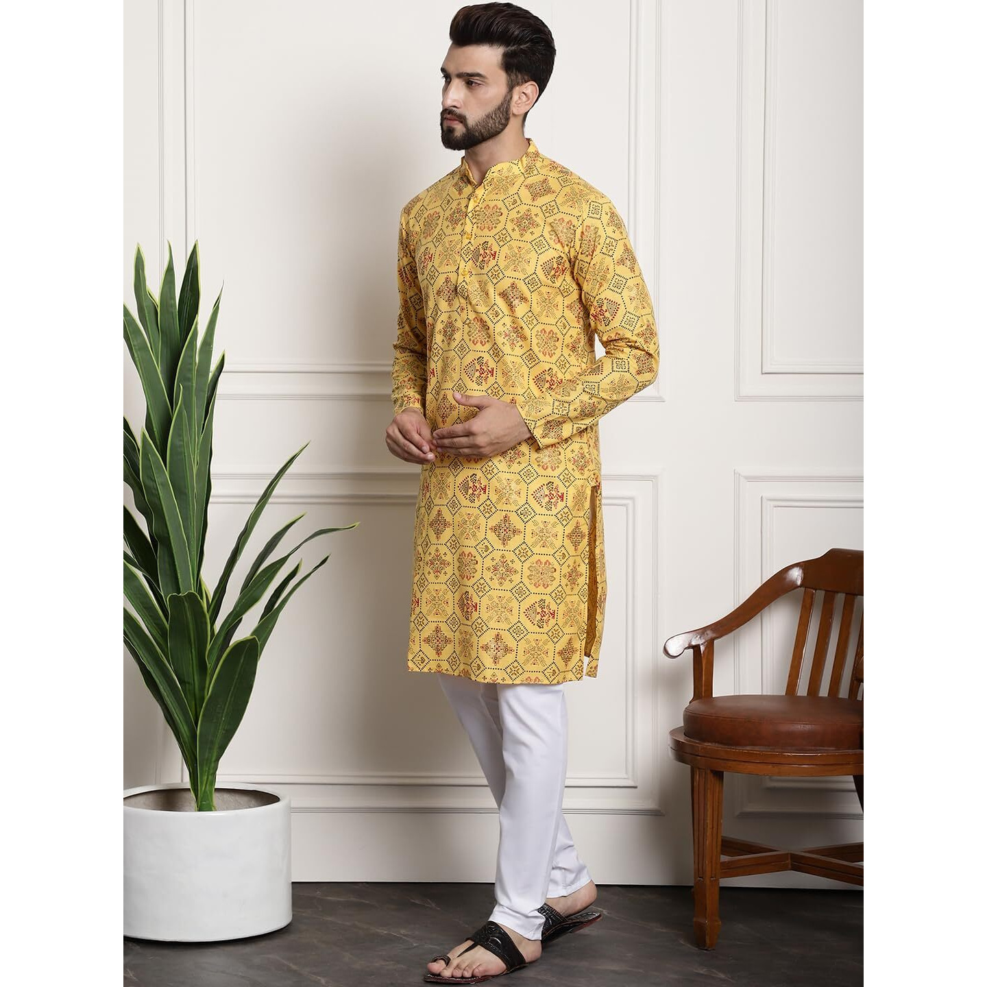 Sojanya (Since 1958 Men's Cotton Blend Yellow Kurta And White Churidar Pyjama Set