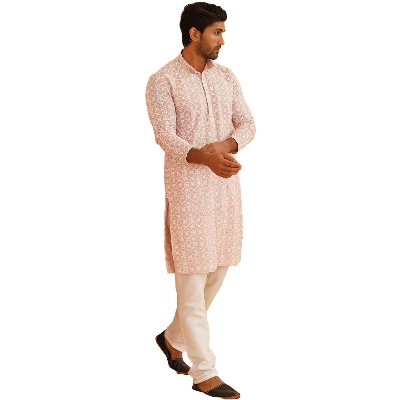 Sojanya (Since 1958 Men's Cotton Gold Sequence Embroidered Pink Kurta With White Churidaar Pyjama