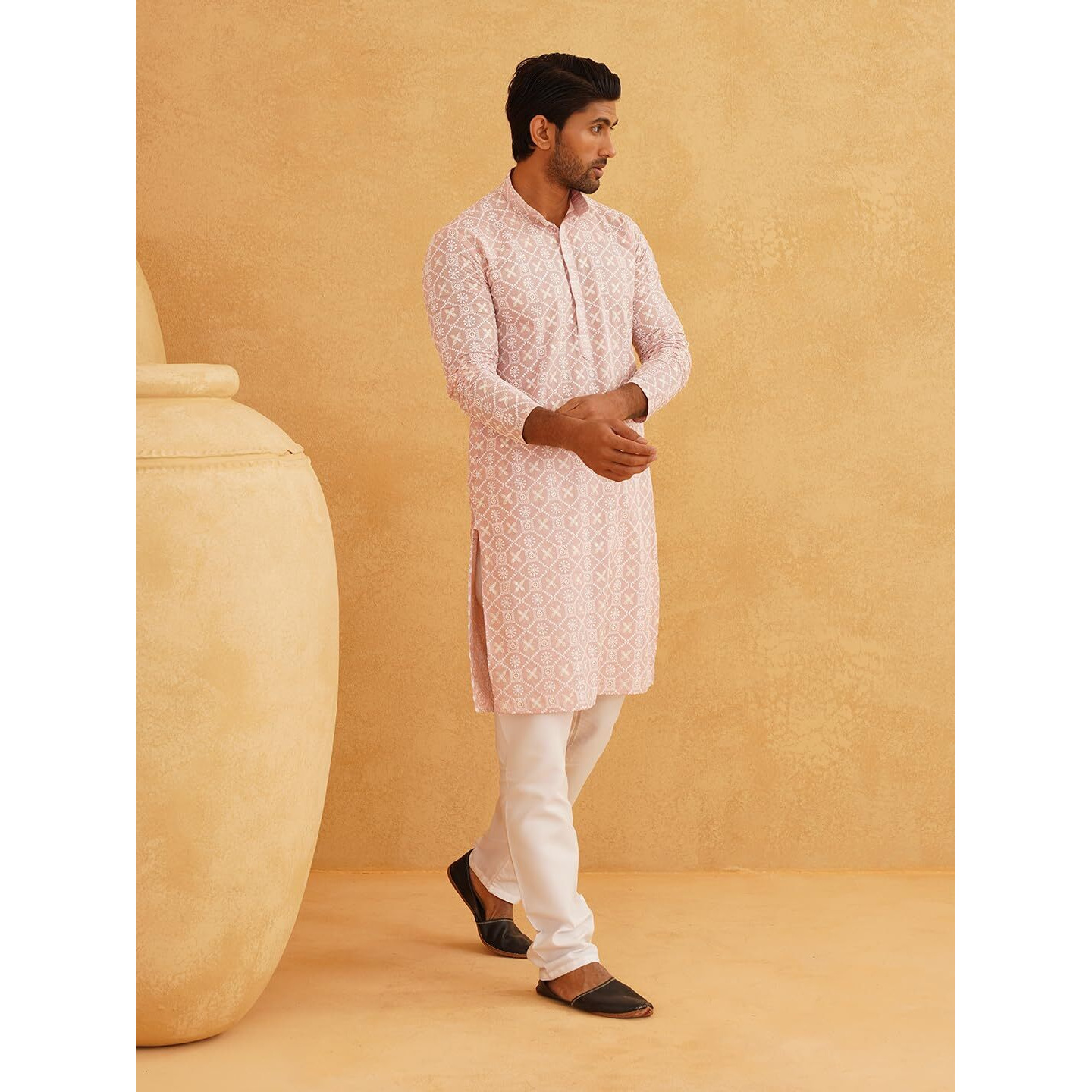 Sojanya (Since 1958 Men's Cotton Gold Sequence Embroidered Pink Kurta With White Churidaar Pyjama