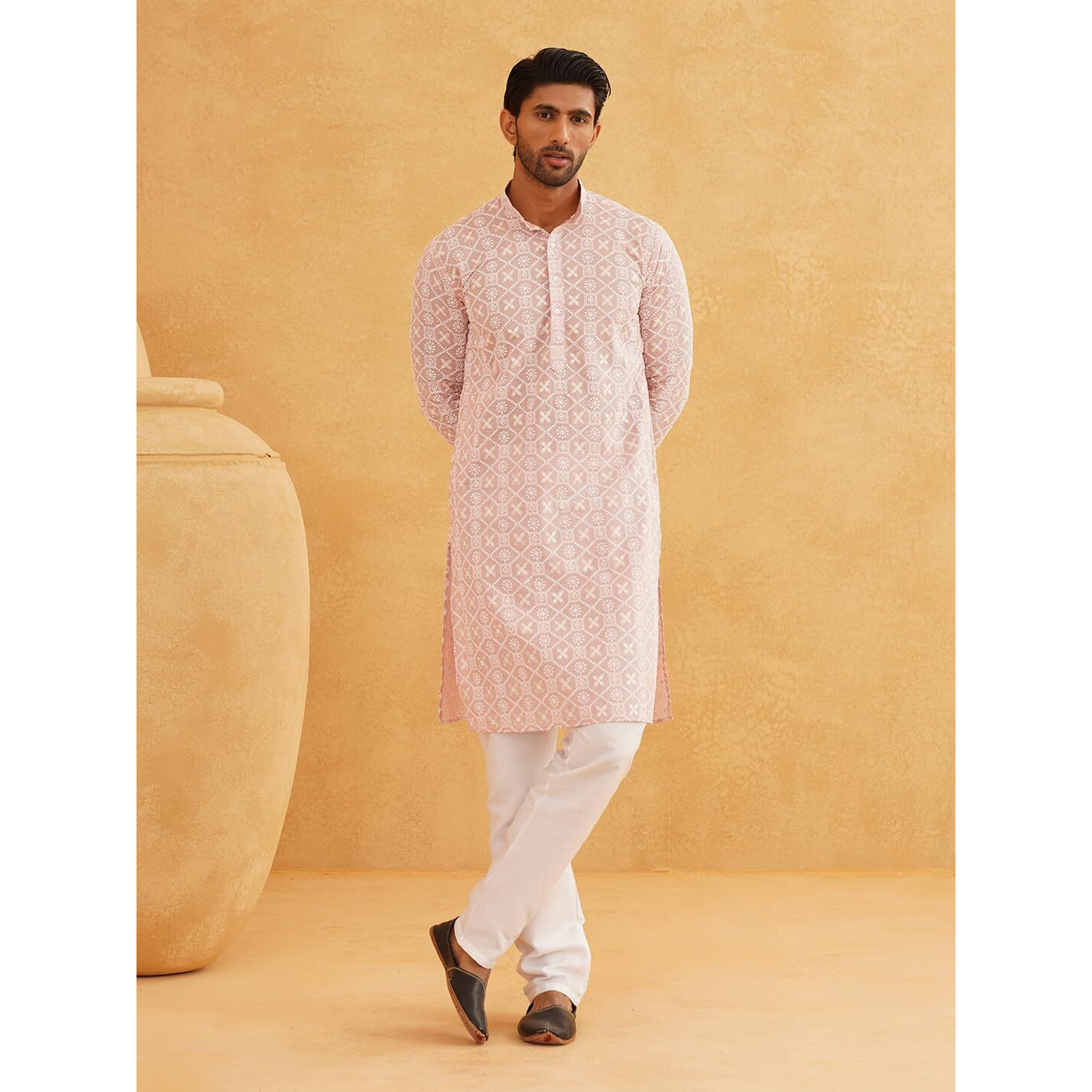 Sojanya (Since 1958 Men's Cotton Gold Sequence Embroidered Pink Kurta With White Churidaar Pyjama