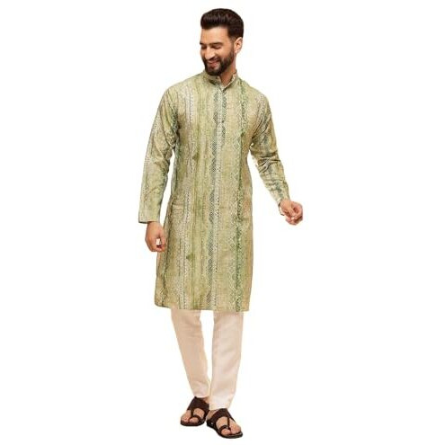 Sojanya (Since 1958 Men's Cotton Silk Green Print Kurta With White Pyjama