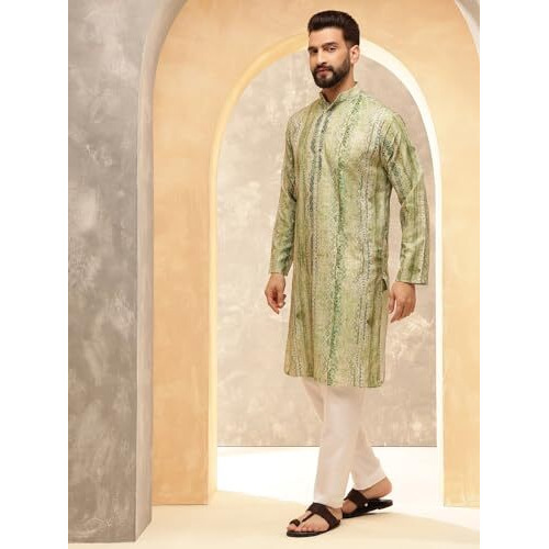 Sojanya (Since 1958 Men's Cotton Silk Green Print Kurta With White Pyjama