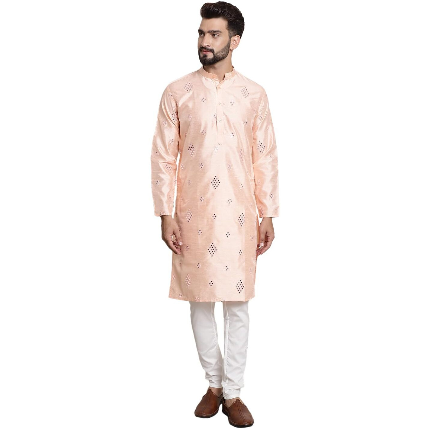 Sojanya (Since 1958 Men's Silk Blend Mirror Work Peach Long Kurta & White Solid Pyjama Set