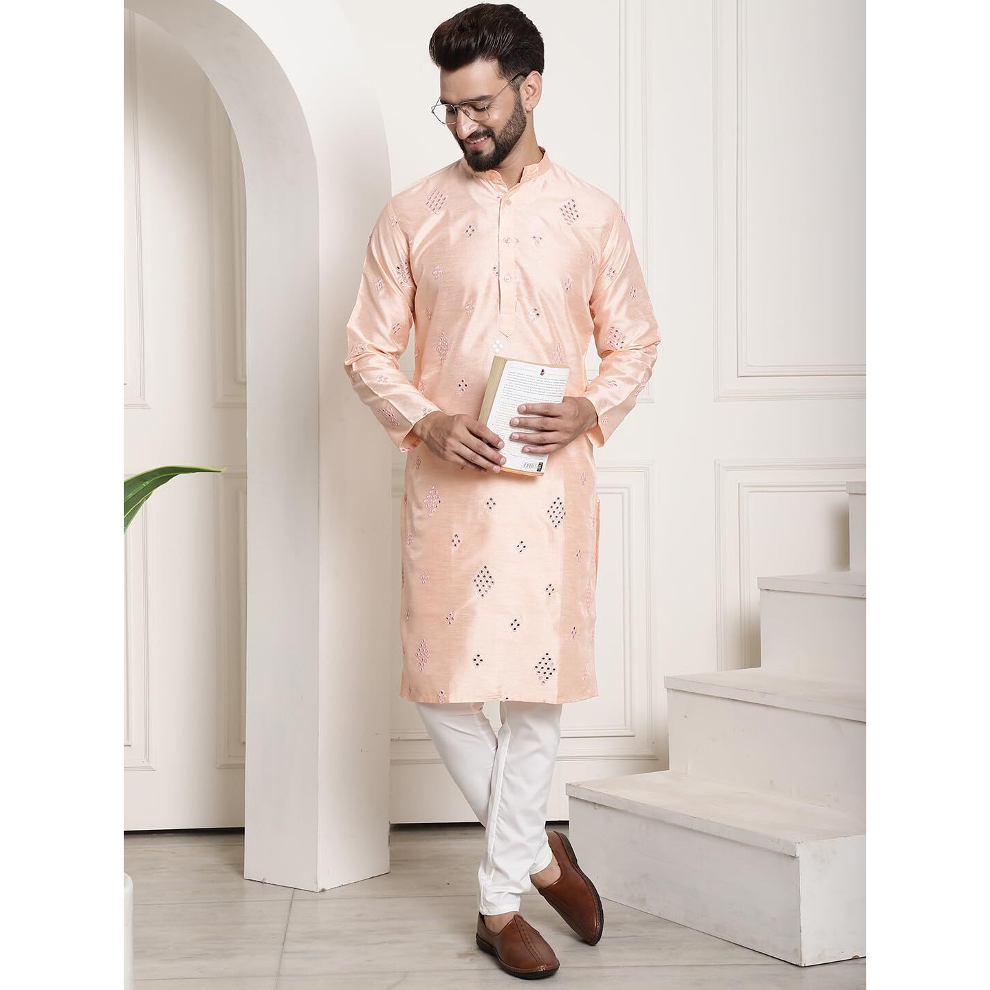 Sojanya (Since 1958 Men's Silk Blend Mirror Work Peach Long Kurta & White Solid Pyjama Set