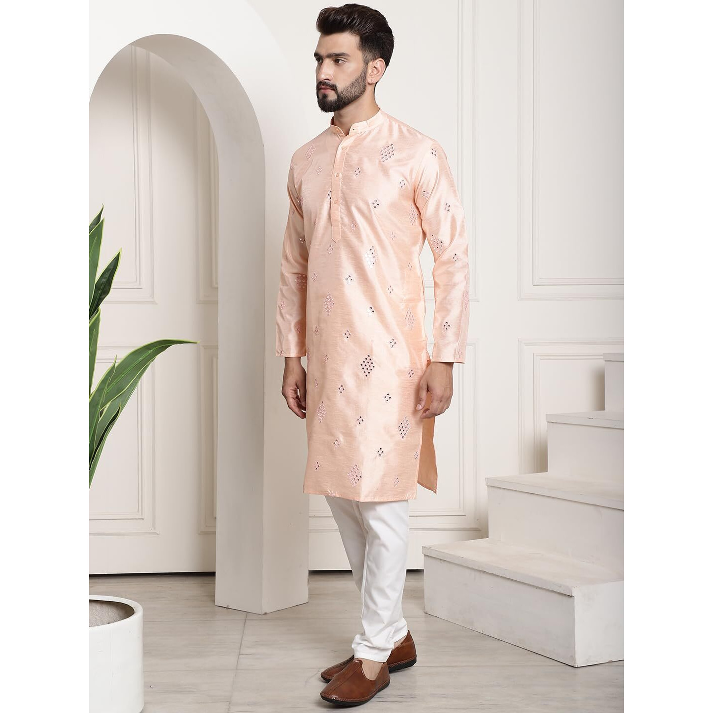 Sojanya (Since 1958 Men's Silk Blend Mirror Work Peach Long Kurta & White Solid Pyjama Set