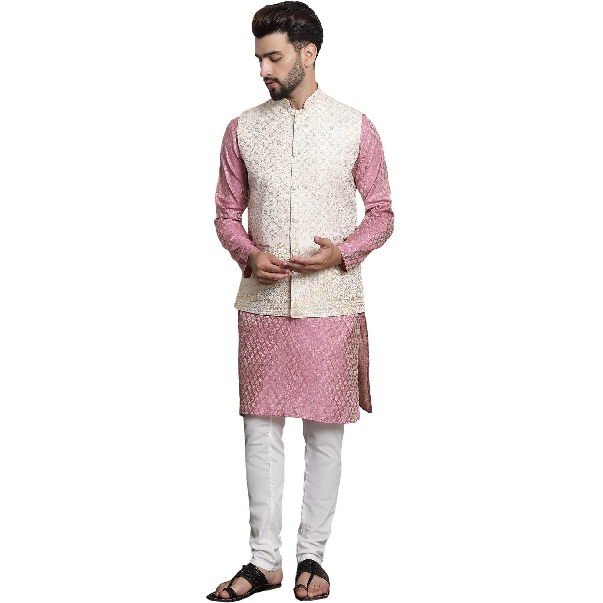Sojanya (Since 1958 Men's Jacquard Silk Pink Kurta And Off-White Pyjama With Cream Nehru Jacket