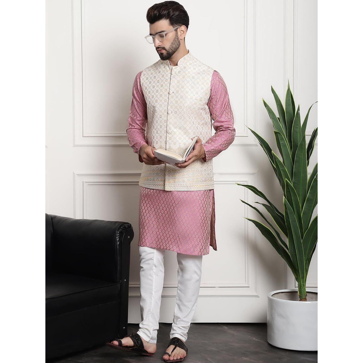Sojanya (Since 1958 Men's Jacquard Silk Pink Kurta And Off-White Pyjama With Cream Nehru Jacket