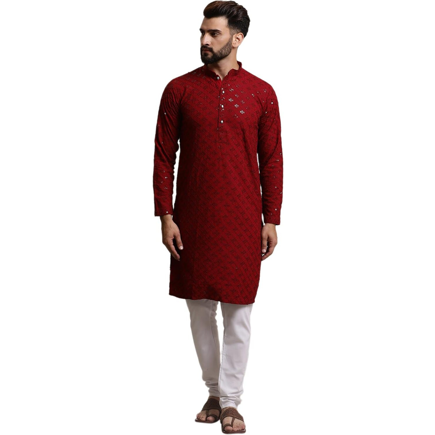 Sojanya (Since 1958 Elegant Maroon Sequence Kurta & White Pyjama Set For Festive Occasions