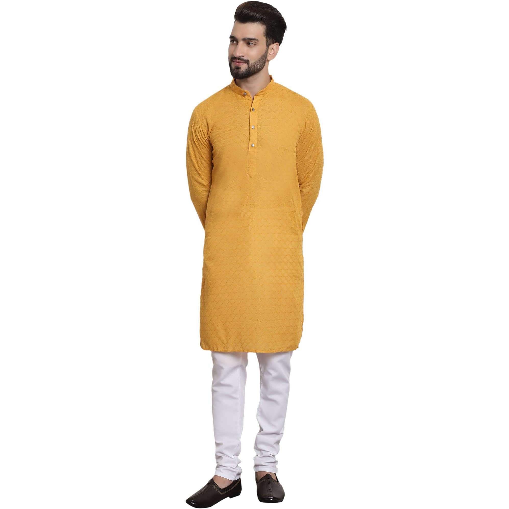 Sojanya (Since 1958 Men's Pure Cotton Mustard Embroidered Kurta With White Pyjama