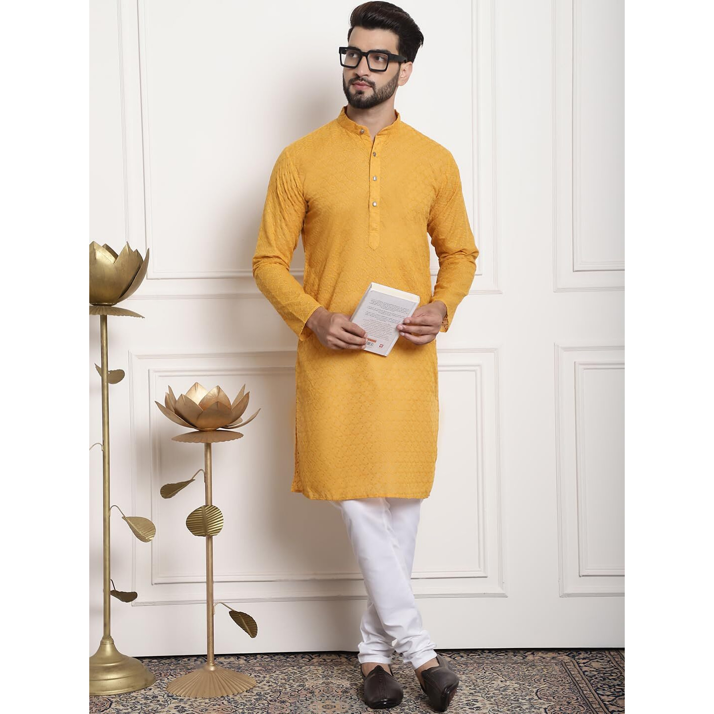 Sojanya (Since 1958 Men's Pure Cotton Mustard Embroidered Kurta With White Pyjama