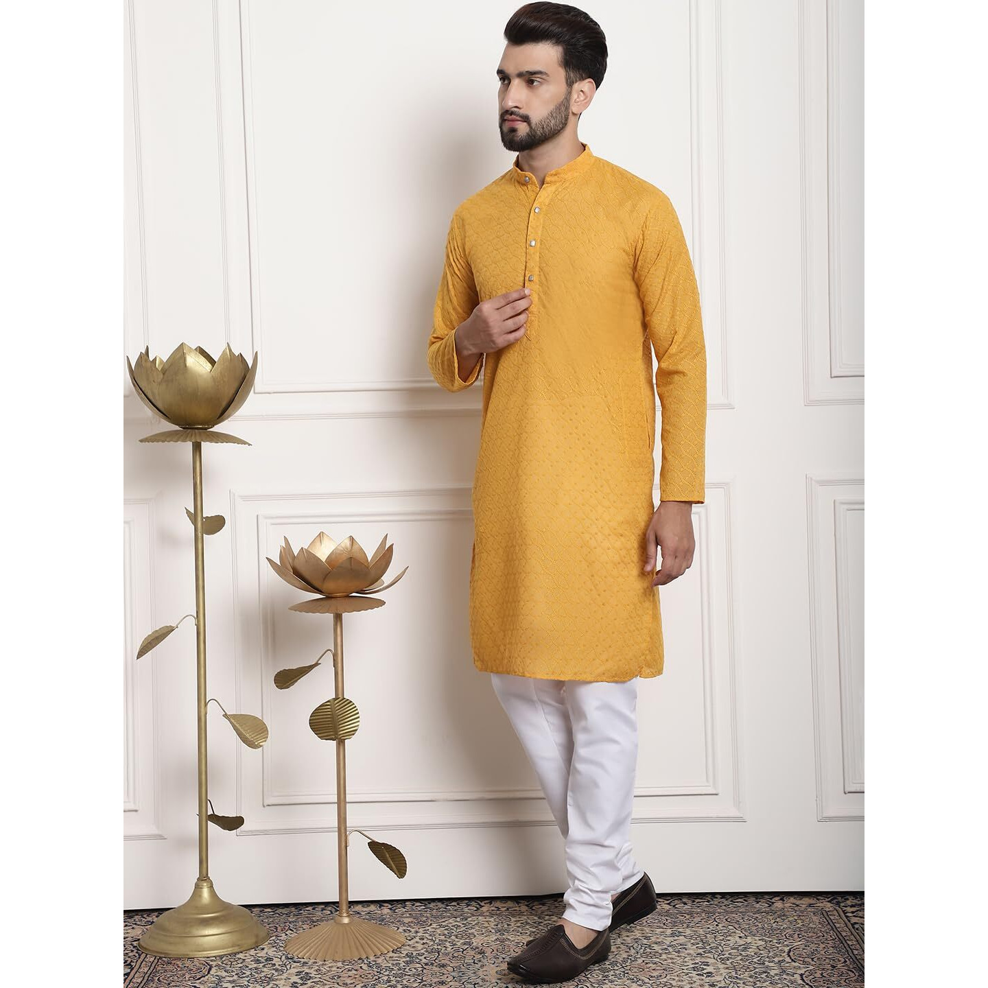 Sojanya (Since 1958 Men's Pure Cotton Mustard Embroidered Kurta With White Pyjama