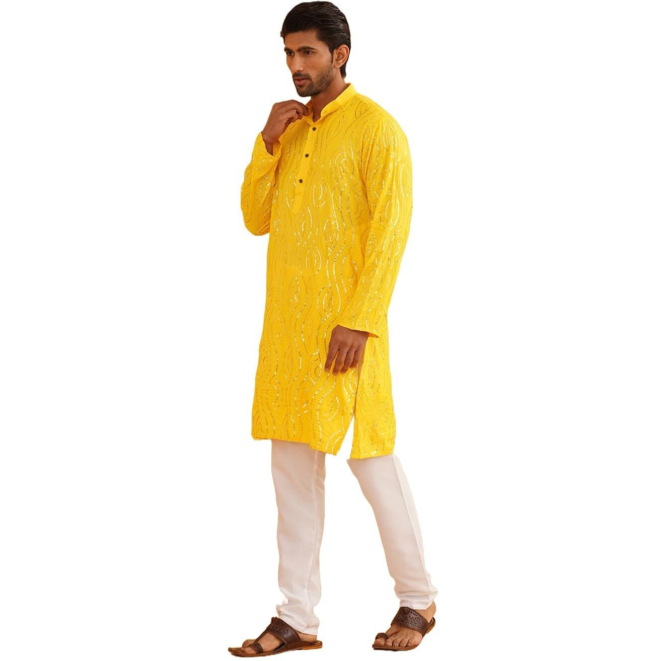 Sojanya (Since 1958 Men's Pure Cotton Mustard Designer Kurta And White Churidar Pyjama Set