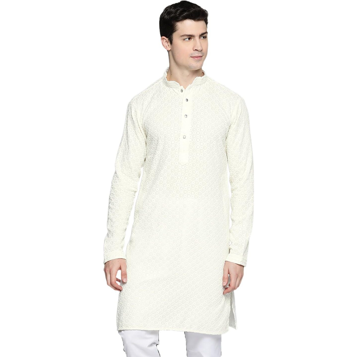 Jompers Mens White Chikankari Embroidered And Sequence Kurtas (White, L)