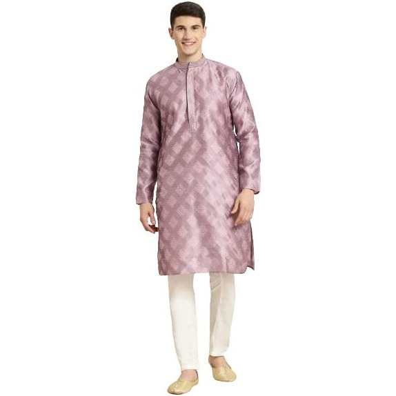 Sojanya (Since 1958 Men's Jacquard Silk Purple & Self Design Kurta & Off White Churidar Pyjama Set