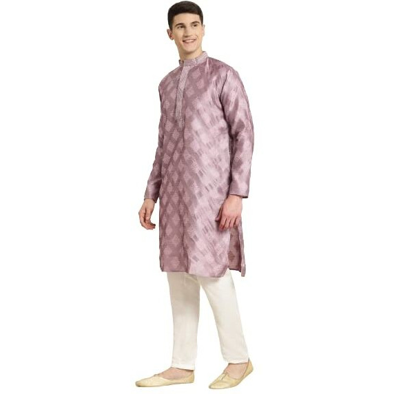 Sojanya (Since 1958 Men's Jacquard Silk Purple & Self Design Kurta & Off White Churidar Pyjama Set