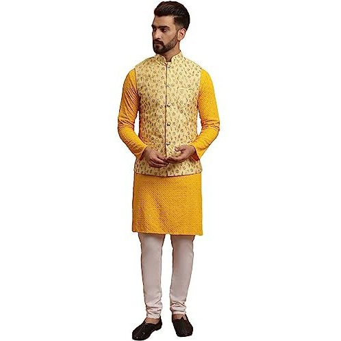 Sojanya (Since 1958 Men's Cotton Mustard Kurta And White Pyjama Yellow Embroidery Nehru Jacket