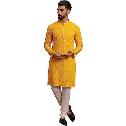 Sojanya (Since 1958 Men's Cotton Mustard Kurta And White Pyjama Yellow Embroidery Nehru Jacket