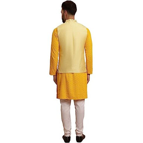 Sojanya (Since 1958 Men's Cotton Mustard Kurta And White Pyjama Yellow Embroidery Nehru Jacket