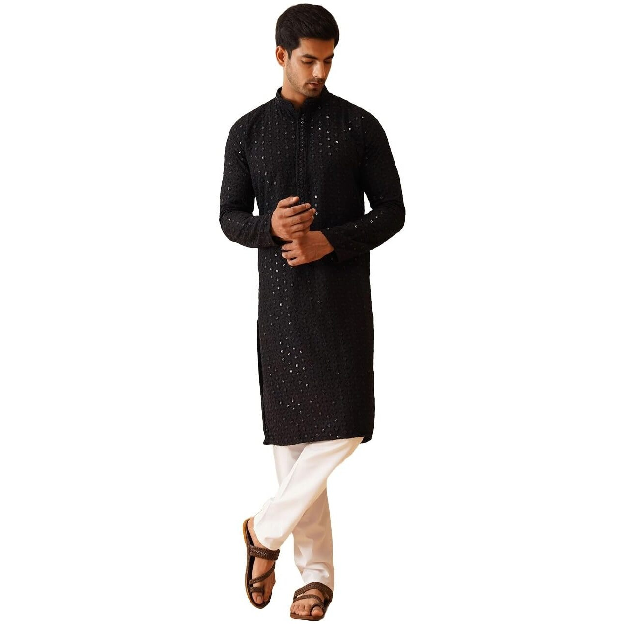 Sojanya (Since 1958 Men's Pure Cotton Black Embroidered Sequined Kurta And White Pyjama Set