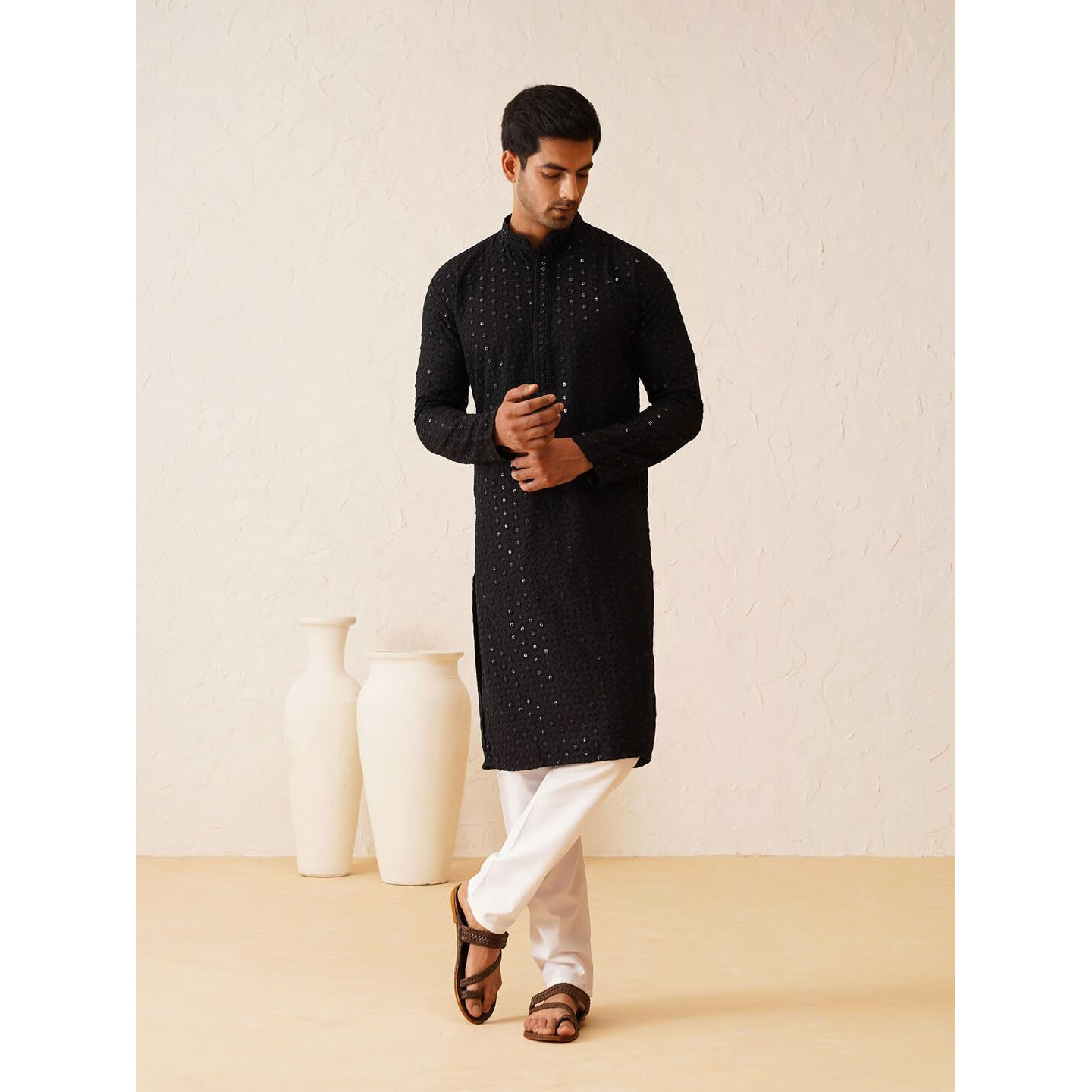 Sojanya (Since 1958 Men's Pure Cotton Black Embroidered Sequined Kurta And White Pyjama Set