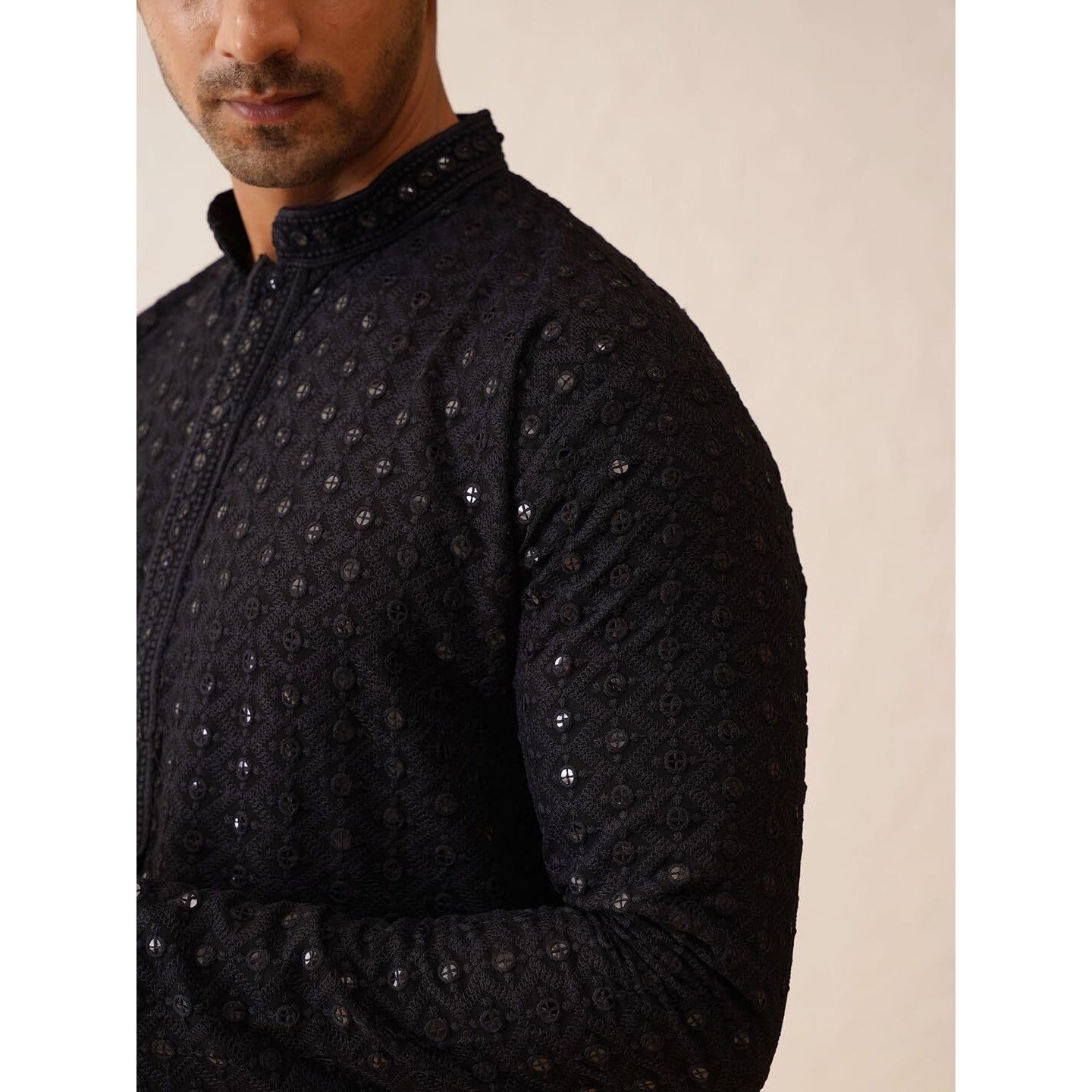 Sojanya (Since 1958 Men's Pure Cotton Black Embroidered Sequined Kurta And White Pyjama Set