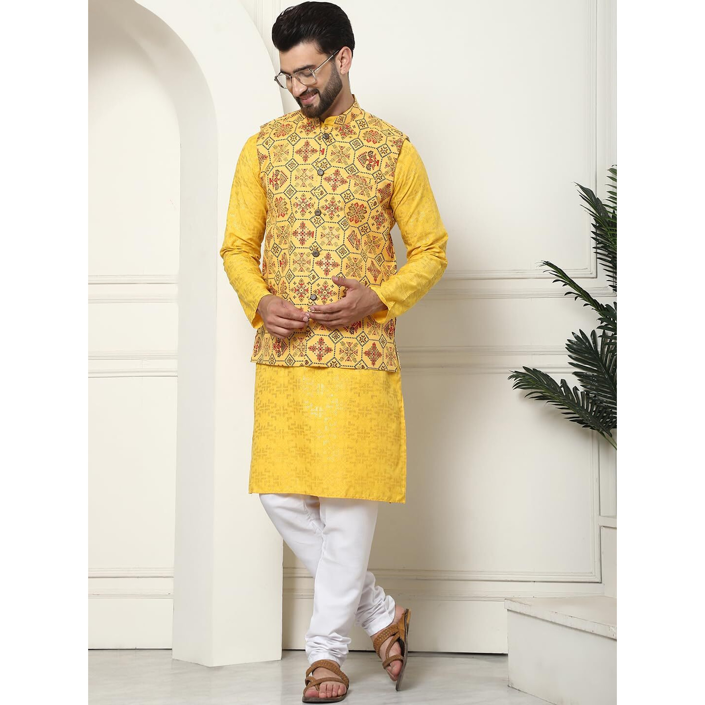 Sojanya (Since 1958 Men's Cotton Foil Printed Mustard Kurta And White Pyjama With Printed Yellow Nehru Jacket