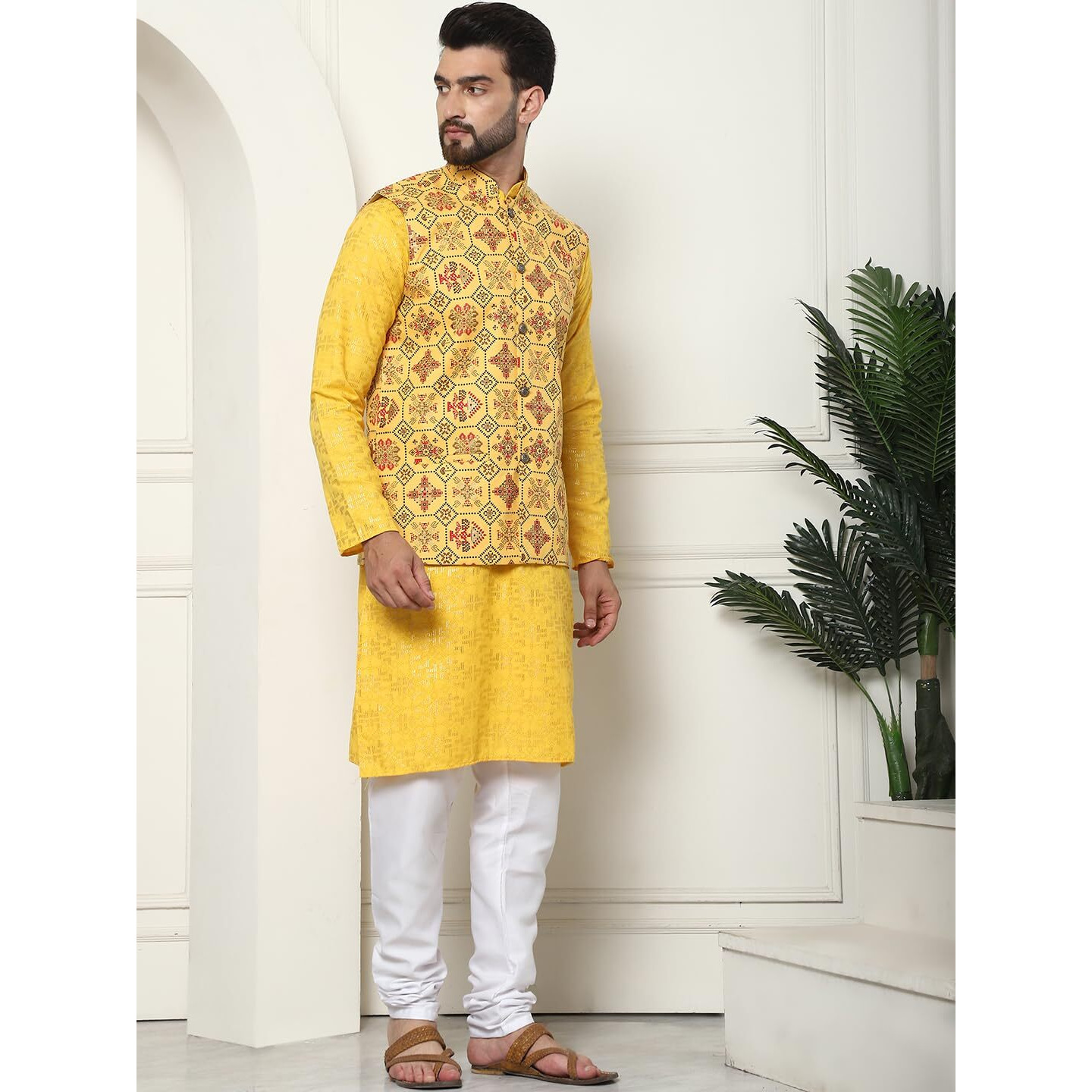 Sojanya (Since 1958 Men's Cotton Foil Printed Mustard Kurta And White Pyjama With Printed Yellow Nehru Jacket