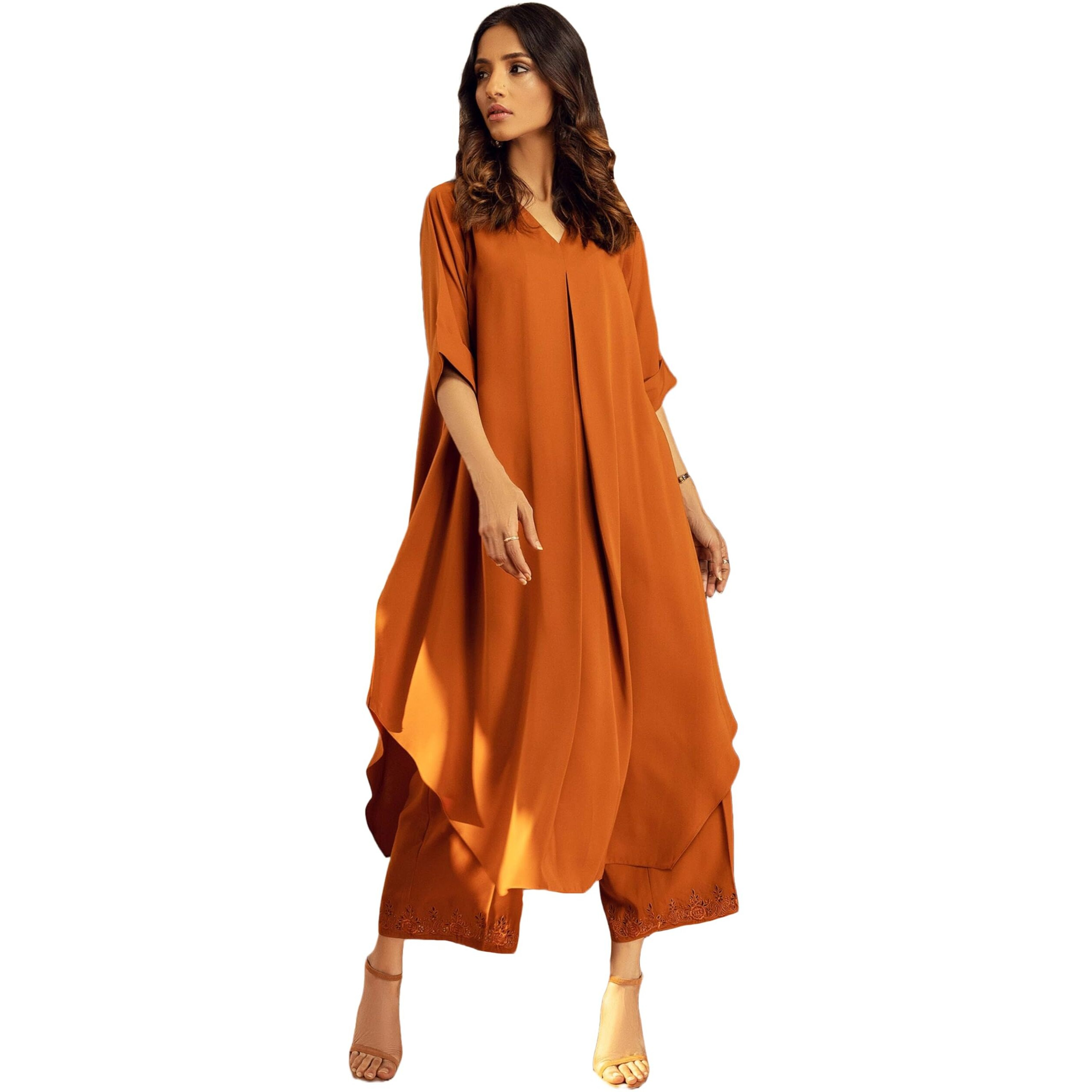 Anni Designer Women's Rayon Viscose Solid A-Line Kurta With Palazzo (Dhruvika Rust_M_Rust_Medium)